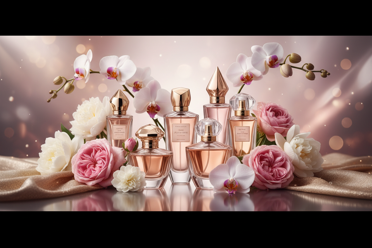 Луксозен банер с парфюми и цветя